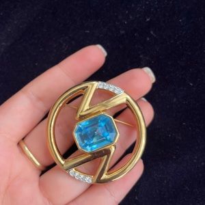 Courrèges Paris modernist faux -aquamarine rhinestone pin vintage